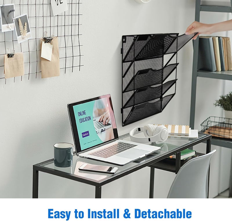 BOHDK Wall File Organizer 5 Pockets, Mail Organizer, Hanging Folder Holder, Foldable | Hanging or Wall Mounted | Label Panel | 2 Hooks | Office Home School Organizer, Black - Image 5